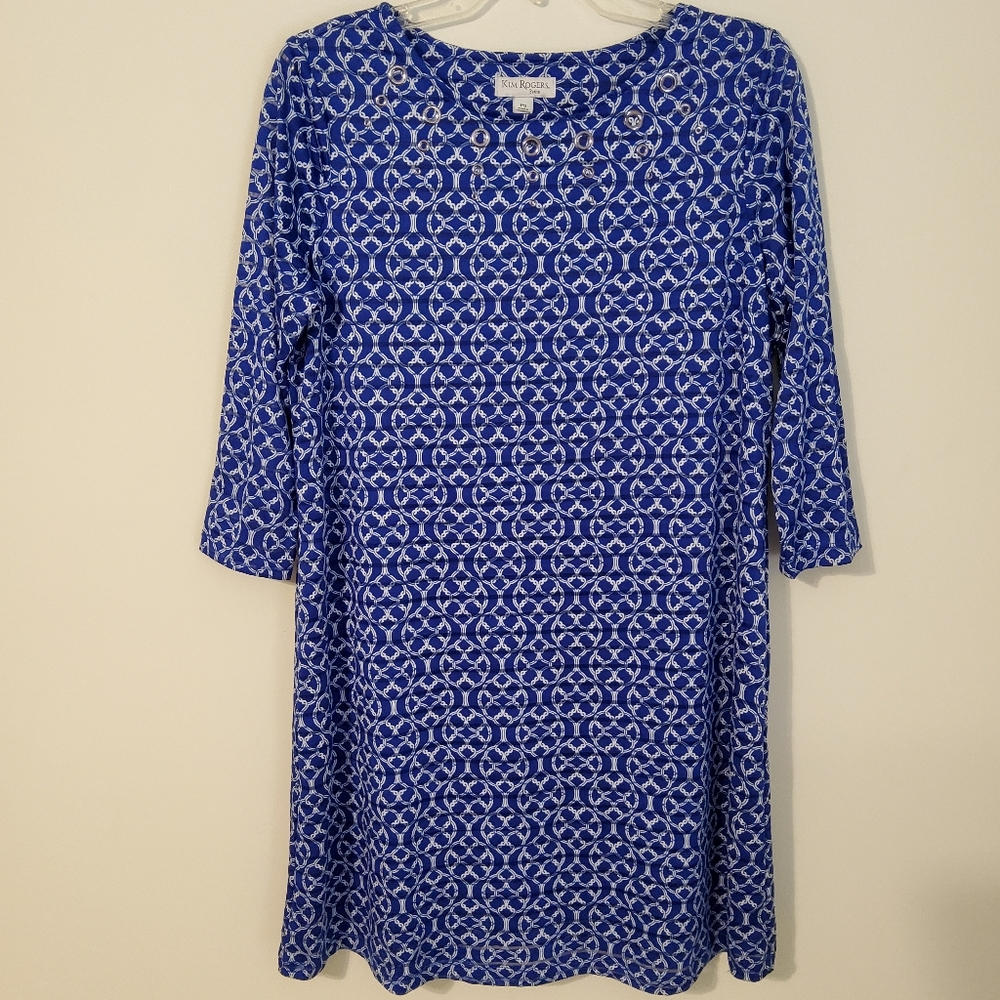 Kim Rogers Petite Blue/White Geo Print 3/4 Sleeve Shift/Tunic Dress Size PS